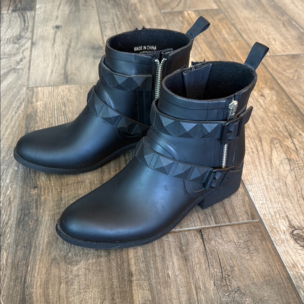Rebecca Minkoff Black Ankle Moto Bootie Rainboots Rubber Studded Straps